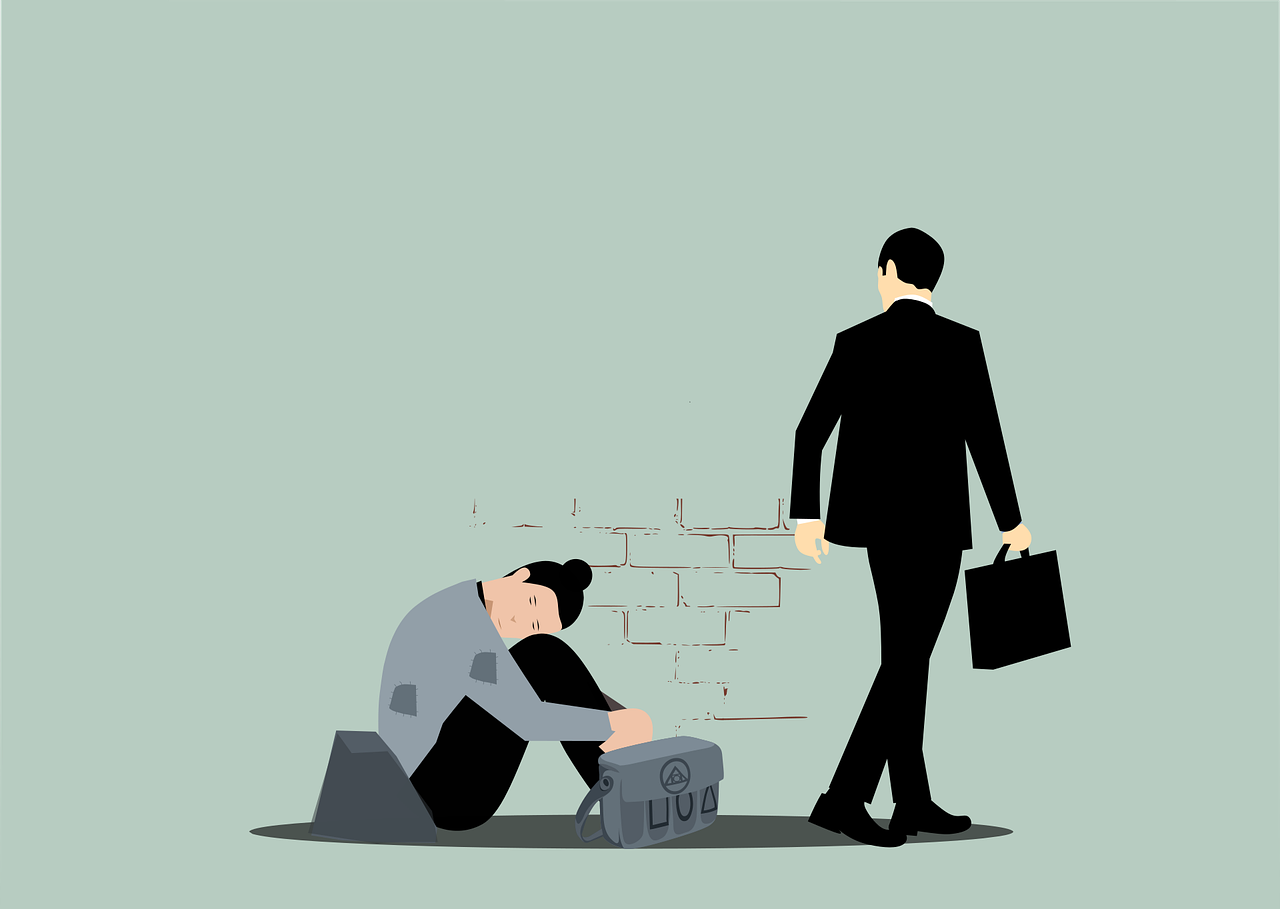 Illustration einer Person, die auf dem Boden sitzt und einer Person im Business-Anzug mit Aktenkoffer, die an ihr vorbeigeht.