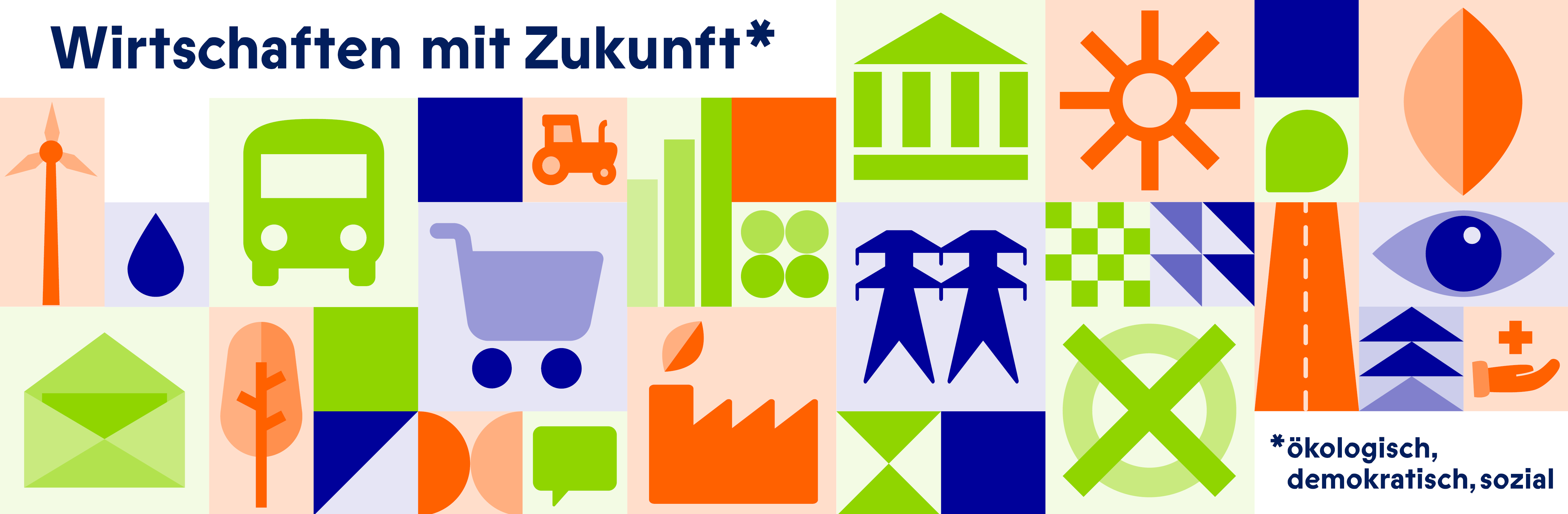 Bunte Icon Collage zu Wirtschaften mit Zukunft