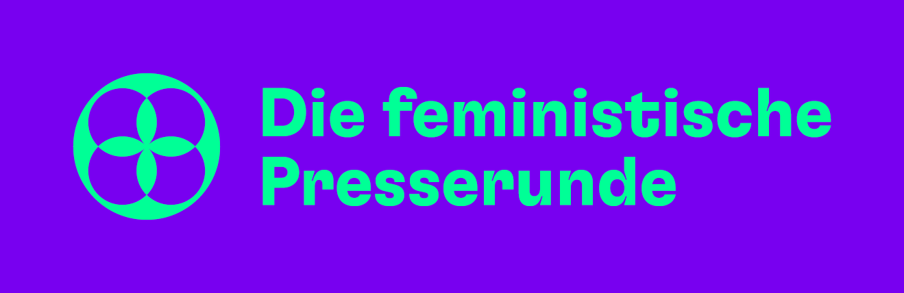 Grüner Text auf lila Hintergrund: Die feministische Presserunde