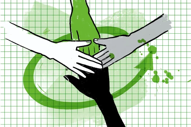 Ene grün gehaltene Illustration. Zu sehen sind vier aufeinander liegende Hände in verschiedenen Farben 