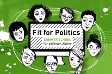 Illustration von mehreren Köpfen um einen Bildschirm, auf dem steht: Fit for Politics, Summer School für politisch Aktive