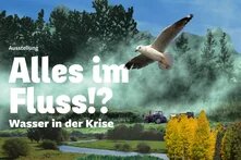 Das Bild zeigt den Text "Alles im Fluss!? Wasser in der Krise", im Hintergrund eine Collage aus Gewässern, Vögeln, Bäumen.