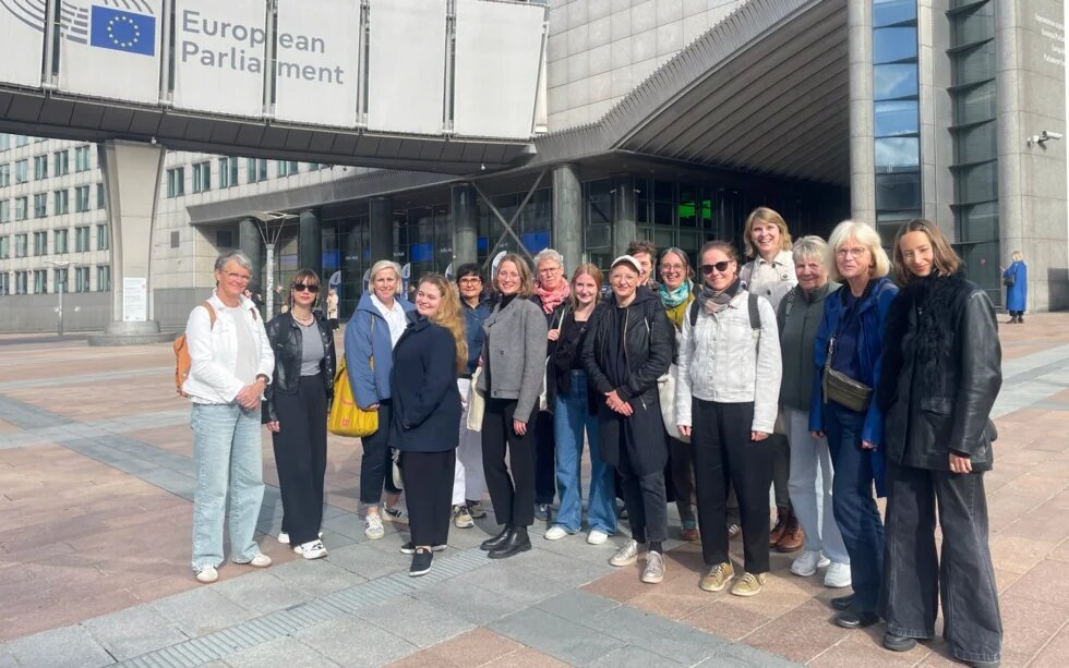 Das Bild zeigt eine Gruppe von FLINTA, die vor dem Europäischen Parlament in Brüssel stehen.